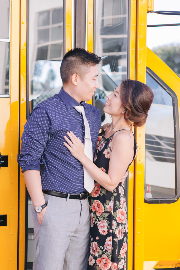 couple school bus classroom themed engagement