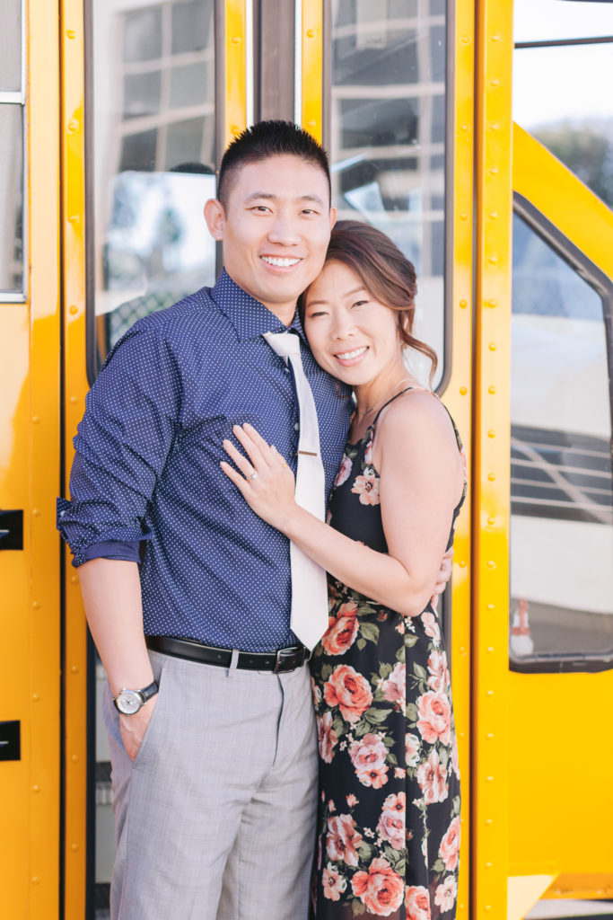 couple school bus classroom themed engagement