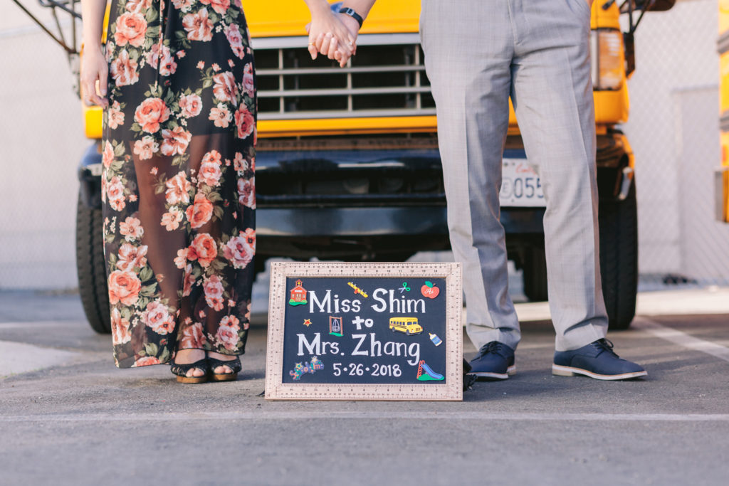 couple engagement school bus