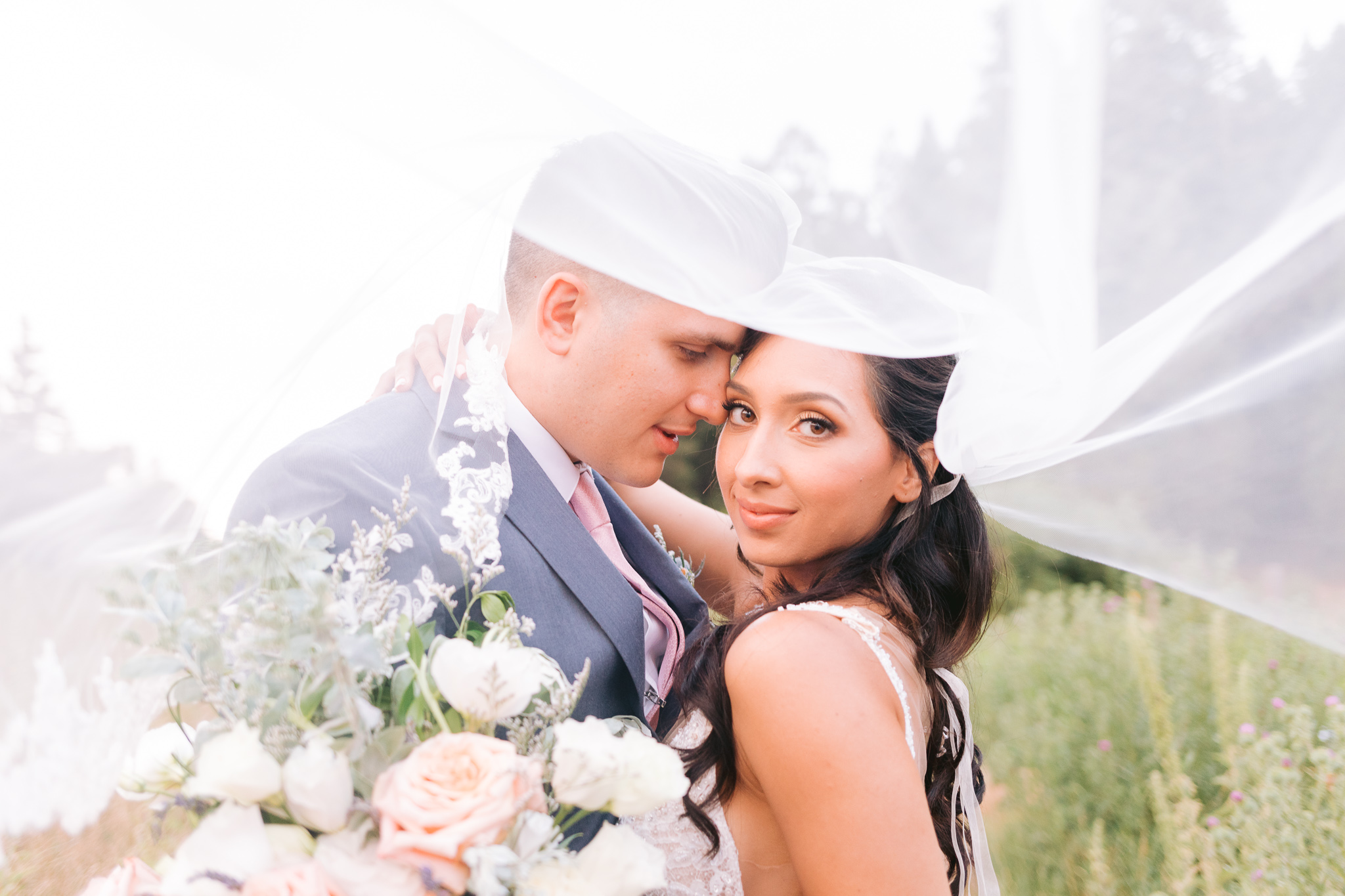 bride groom bouquet veil field
