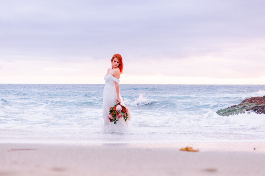 beach bride sunset