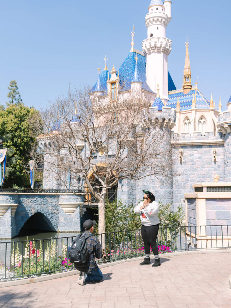 A man kneels and proposes to another in front of a fairytale castle with blue turrets.