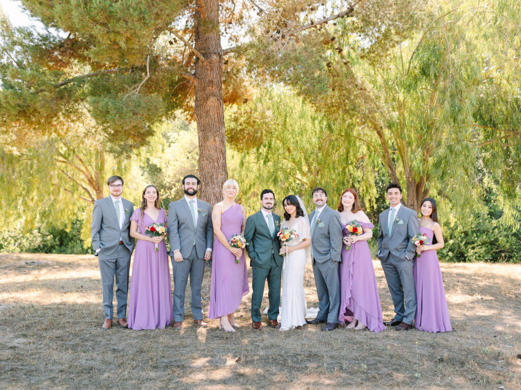 A bride and groom stand with their wedding party under a large tree. Bridesmaids wear lavender dresses, and groomsmen are in gray suits.