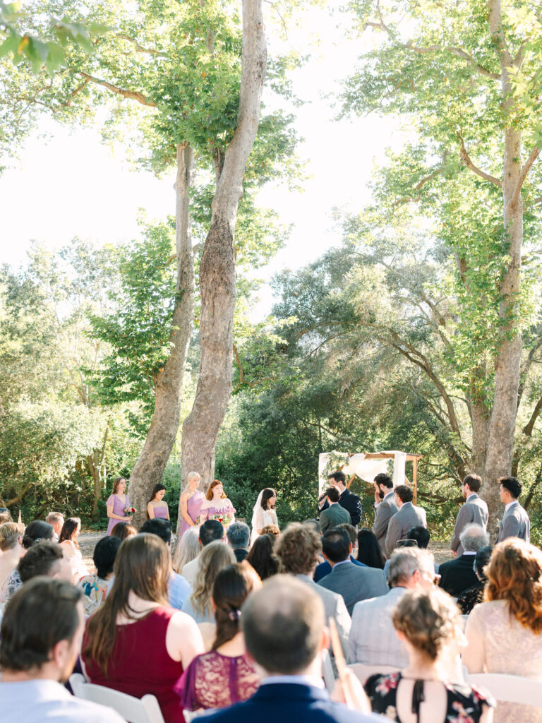 Outdoor wedding ceremony amidst tall trees, with a bride and groom under a wooden arch. Guests seated, watching in sunlight.