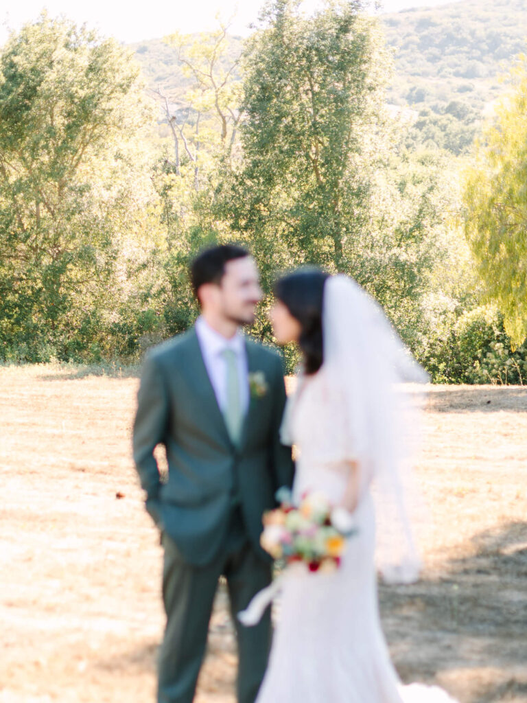 A slightly blurred image of a bride and groom outdoors, facing each other.