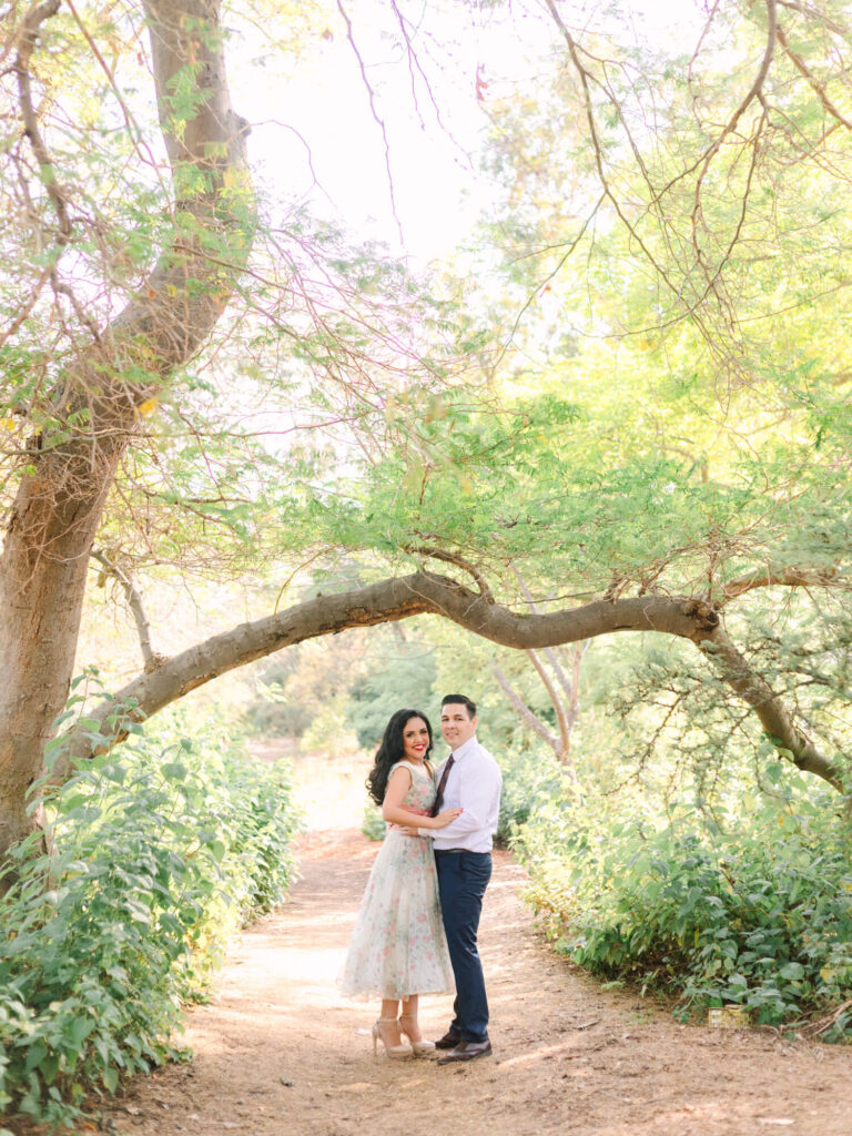 A couple stands embracing on a sunlit forest path surrounded by lush greenery. They smile under an arching tree branch.