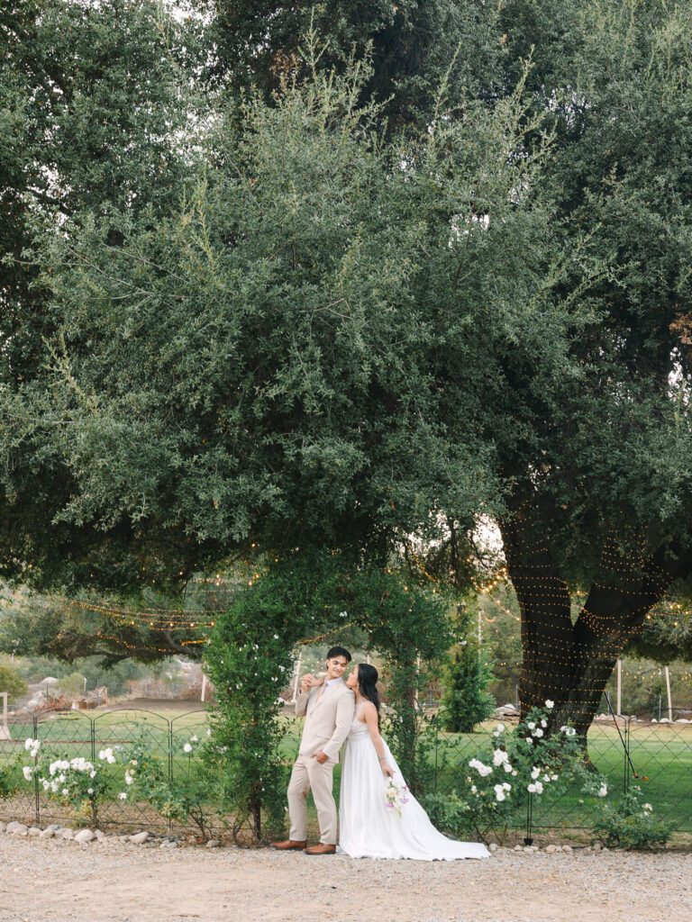 Bride and groom stand under a large green tree with twinkling lights and white roses. The bride holds a bouquet.