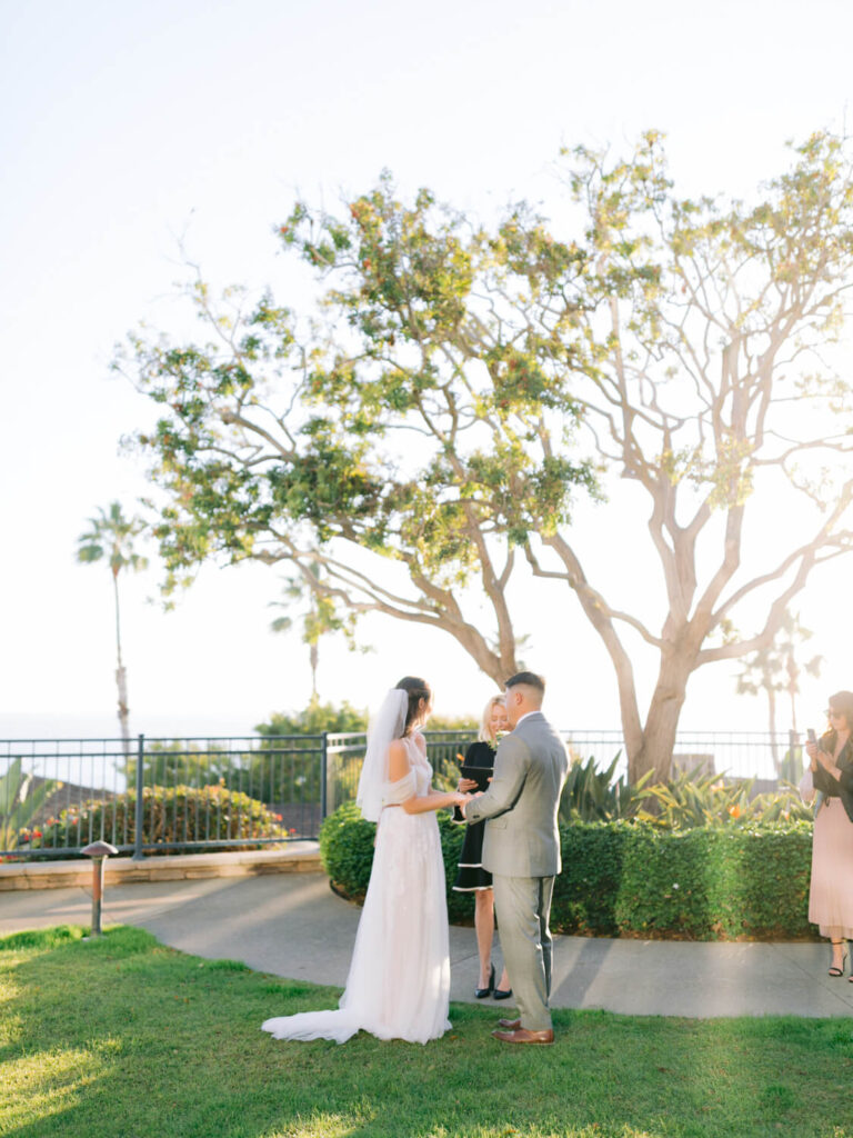 Bride and groom exchanging vows outdoors on a sunny day. A large tree and ocean view backdrop.